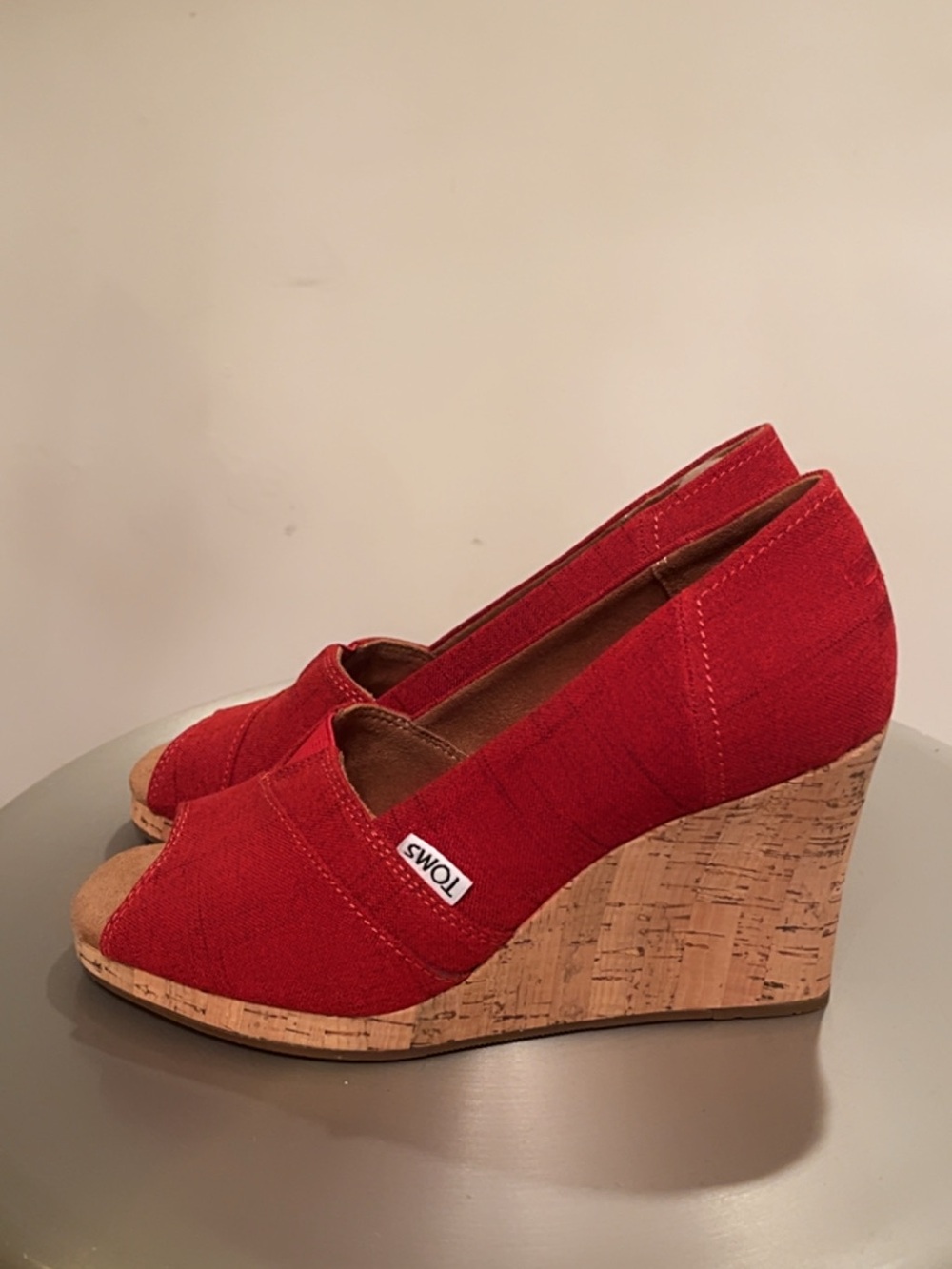 TOMS Red Peep Toe Cork Wedge Heels Women’s Size 7